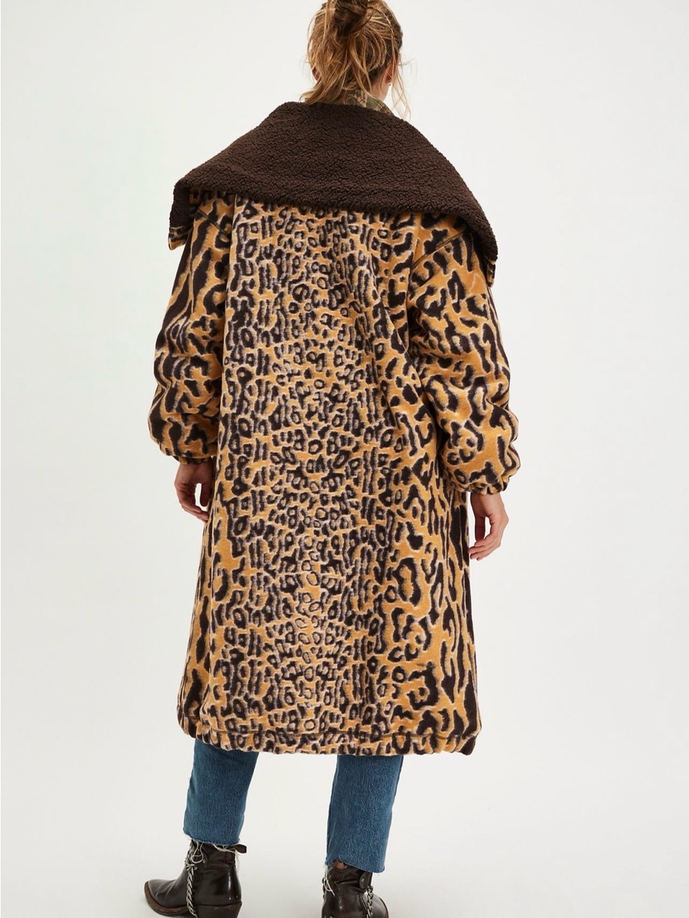 Free People Leopard Teddy Coat with Dark Brown Shawl Collar